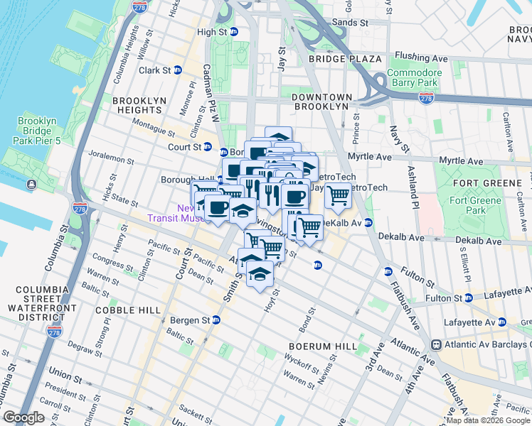 map of restaurants, bars, coffee shops, grocery stores, and more near 141 Livingston Street in Brooklyn