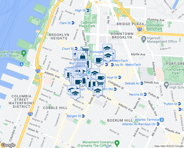map of restaurants, bars, coffee shops, grocery stores, and more near 99 Schermerhorn Street in Brooklyn