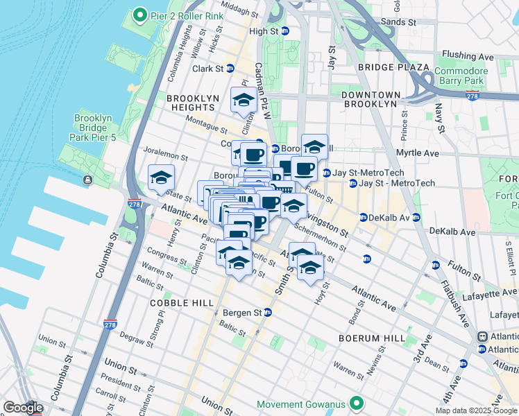 map of restaurants, bars, coffee shops, grocery stores, and more near 111-115 City Point in Brooklyn