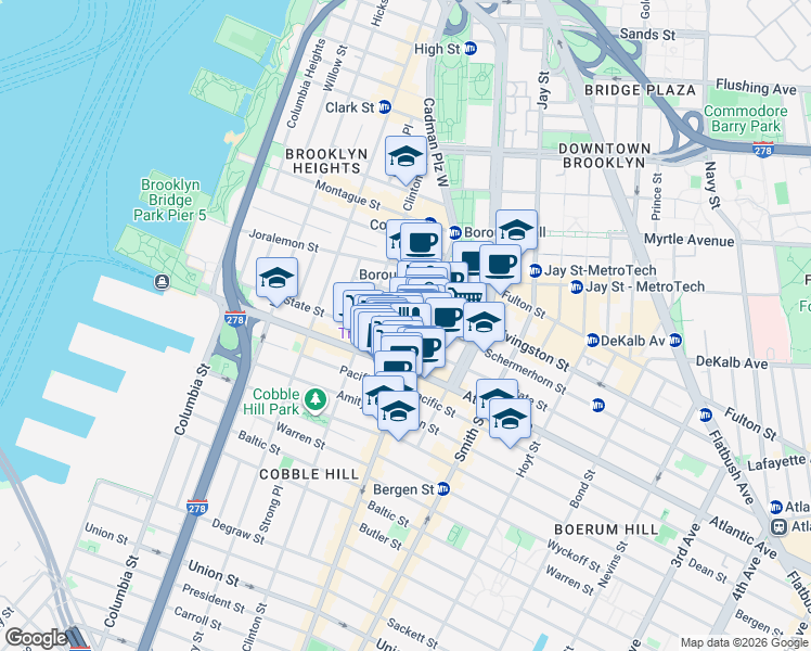 map of restaurants, bars, coffee shops, grocery stores, and more near 111-115 City Point in Brooklyn