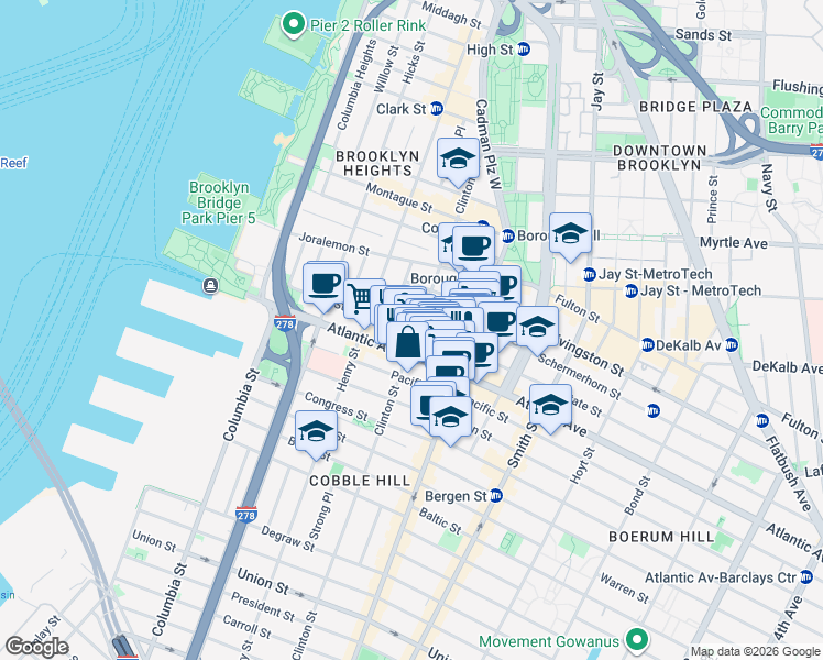 map of restaurants, bars, coffee shops, grocery stores, and more near 166 State Street in Brooklyn
