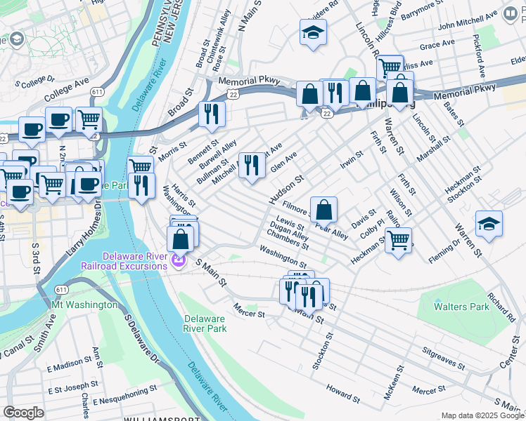 map of restaurants, bars, coffee shops, grocery stores, and more near 130 Hudson Street in Phillipsburg