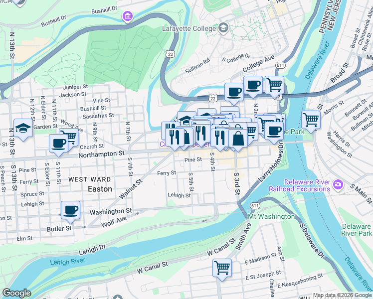 map of restaurants, bars, coffee shops, grocery stores, and more near 24 South 5th Street in Easton