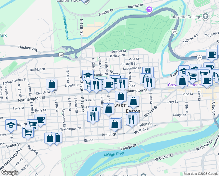 map of restaurants, bars, coffee shops, grocery stores, and more near 1019 Northampton Street in Easton