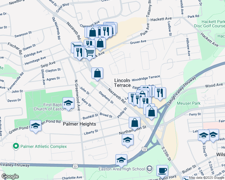map of restaurants, bars, coffee shops, grocery stores, and more near 2725 Nazareth Road in Easton