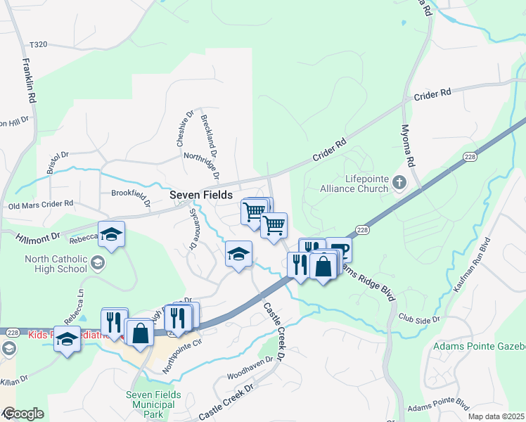 map of restaurants, bars, coffee shops, grocery stores, and more near 250 Jameson Way in Seven Fields