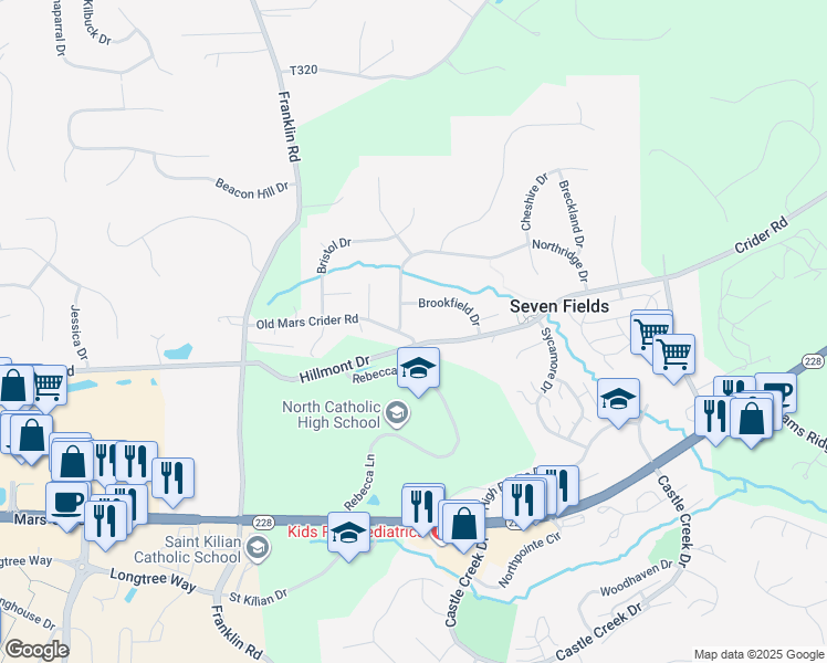 map of restaurants, bars, coffee shops, grocery stores, and more near 6755 Old Mars Crider Road in Seven Fields
