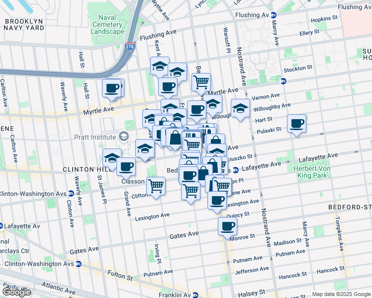 map of restaurants, bars, coffee shops, grocery stores, and more near 473 DeKalb Avenue in Brooklyn