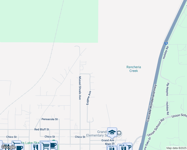 map of restaurants, bars, coffee shops, grocery stores, and more near 627 Eugene St in Shasta Lake