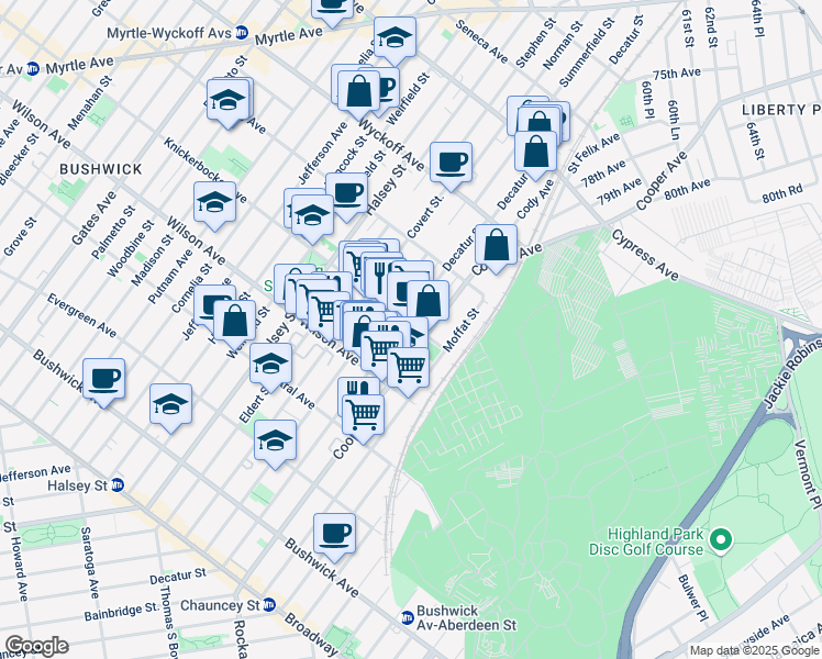 map of restaurants, bars, coffee shops, grocery stores, and more near 235A Cooper Street in Brooklyn
