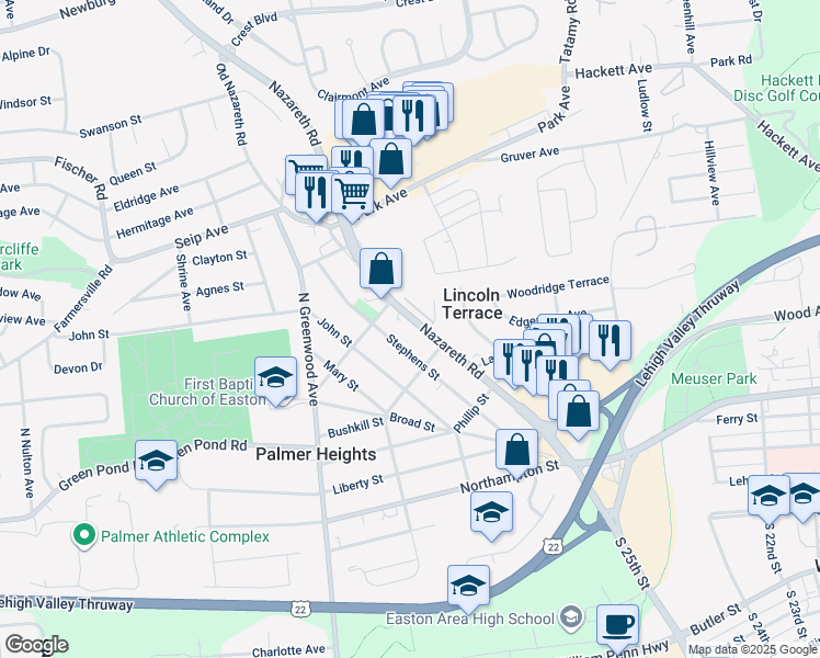 map of restaurants, bars, coffee shops, grocery stores, and more near 2734 Nazareth Road in Easton