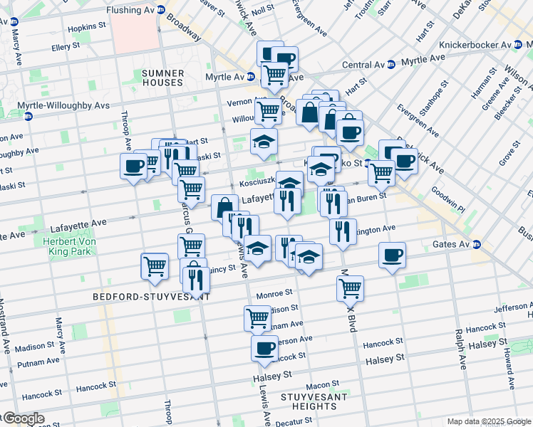 map of restaurants, bars, coffee shops, grocery stores, and more near Van Buren Street in Brooklyn