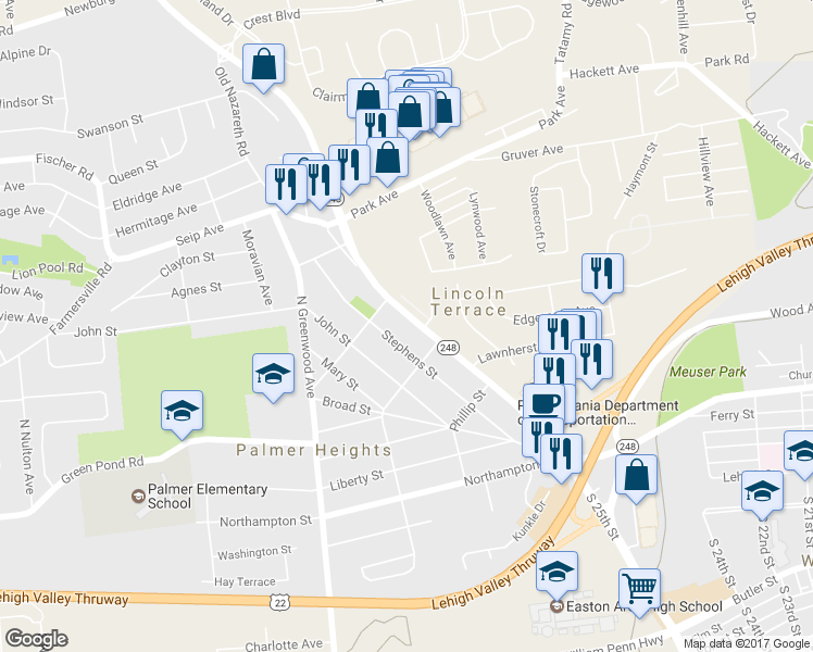 map of restaurants, bars, coffee shops, grocery stores, and more near 2734 Nazareth Road in Easton