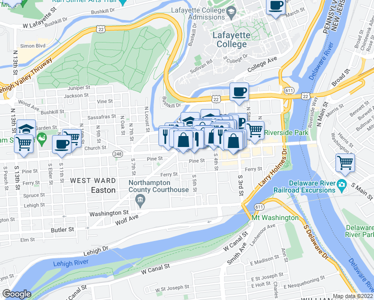 map of restaurants, bars, coffee shops, grocery stores, and more near 517 Northampton Street in Easton