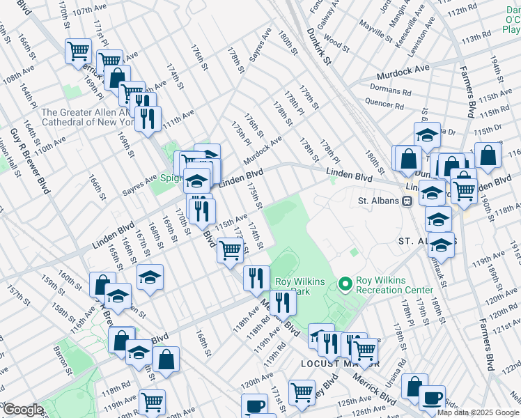 map of restaurants, bars, coffee shops, grocery stores, and more near 115th Avenue in Queens