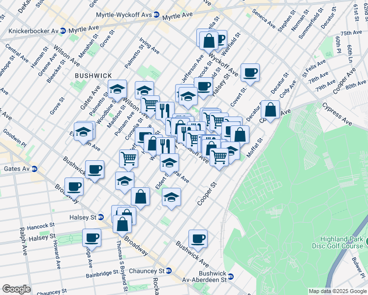 map of restaurants, bars, coffee shops, grocery stores, and more near 233 Eldert Street in Brooklyn