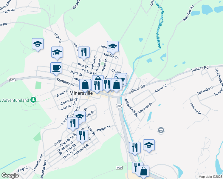 map of restaurants, bars, coffee shops, grocery stores, and more near 4 Lewis Street in Minersville