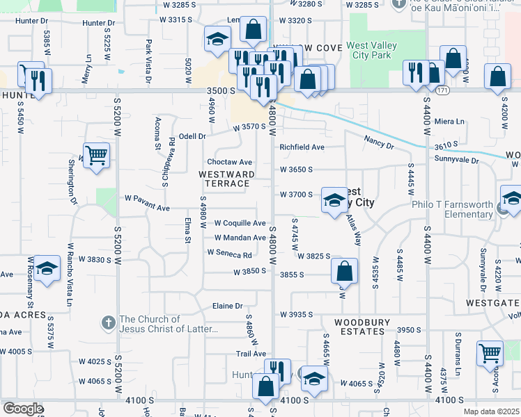 map of restaurants, bars, coffee shops, grocery stores, and more near 3747 South Tecumseh Street in West Valley City