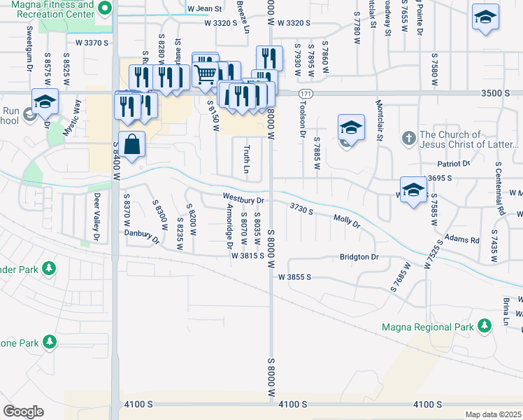 map of restaurants, bars, coffee shops, grocery stores, and more near 3747 South 8035 West in Magna