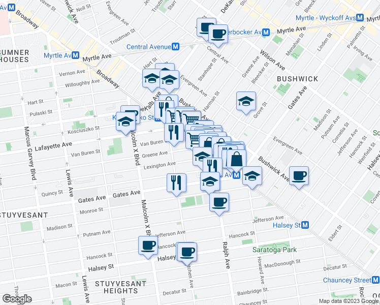 map of restaurants, bars, coffee shops, grocery stores, and more near 824 Lexington Avenue in Brooklyn