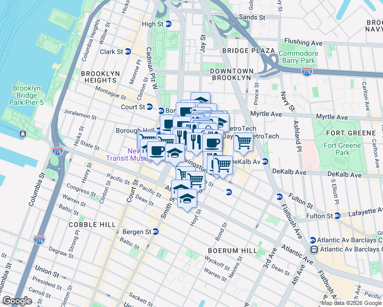 map of restaurants, bars, coffee shops, grocery stores, and more near 380 Fulton Street in Brooklyn