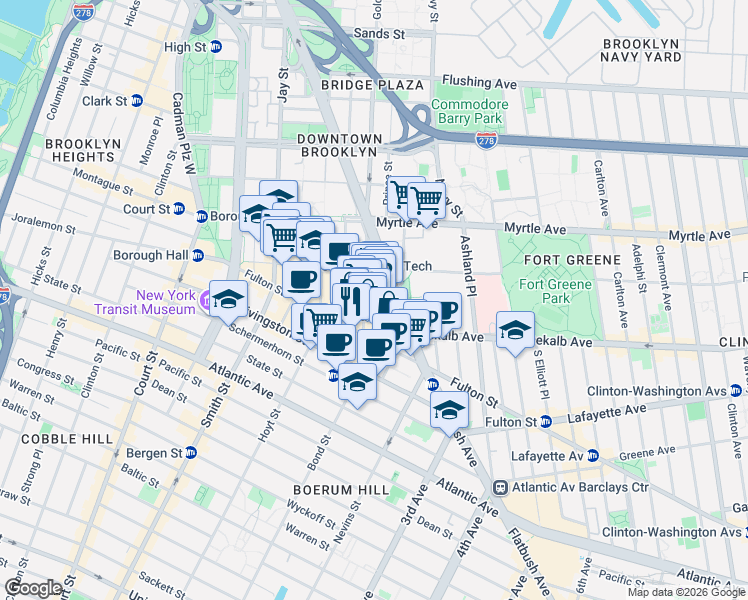 map of restaurants, bars, coffee shops, grocery stores, and more near 7 DeKalb Avenue in Brooklyn