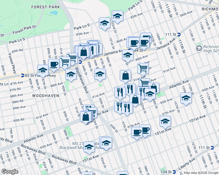 map of restaurants, bars, coffee shops, grocery stores, and more near 91-11 97th Street in Queens