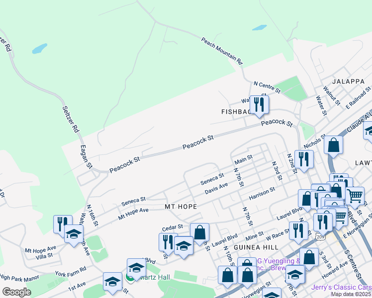 map of restaurants, bars, coffee shops, grocery stores, and more near 427 Peacock Street in Pottsville