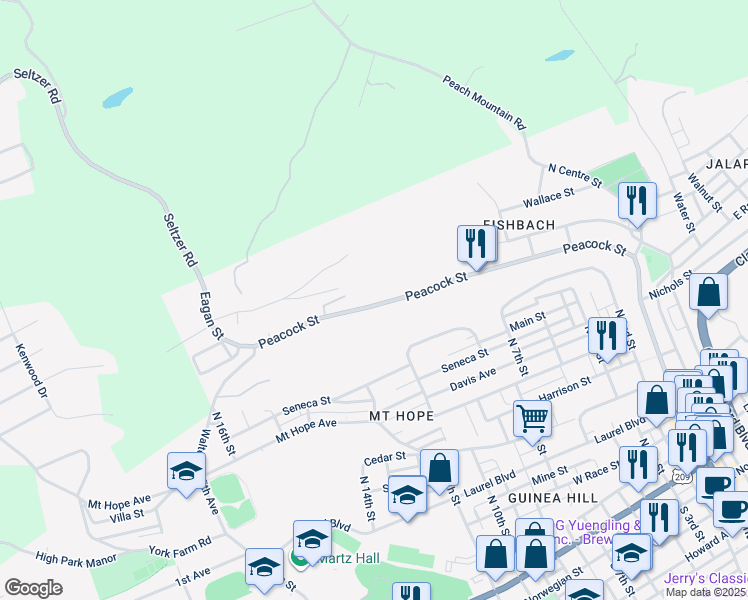 map of restaurants, bars, coffee shops, grocery stores, and more near 508 Peacock Street in Pottsville