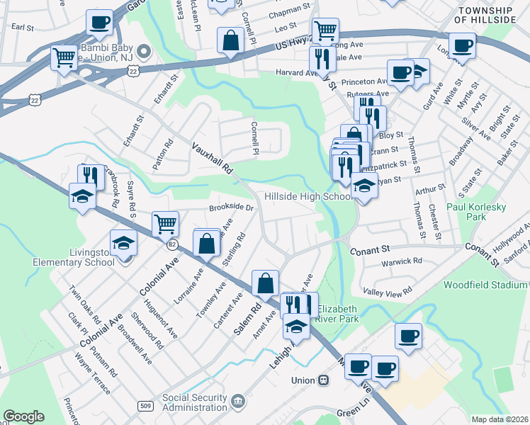 map of restaurants, bars, coffee shops, grocery stores, and more near 1360 Vauxhall Road in Union