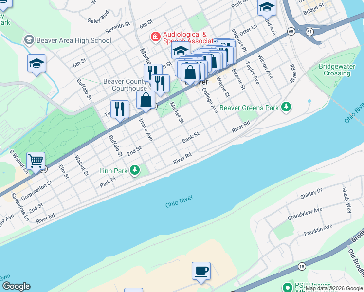 map of restaurants, bars, coffee shops, grocery stores, and more near 858 River Road in Beaver
