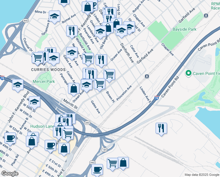 map of restaurants, bars, coffee shops, grocery stores, and more near 49 Winfield Avenue in Jersey City