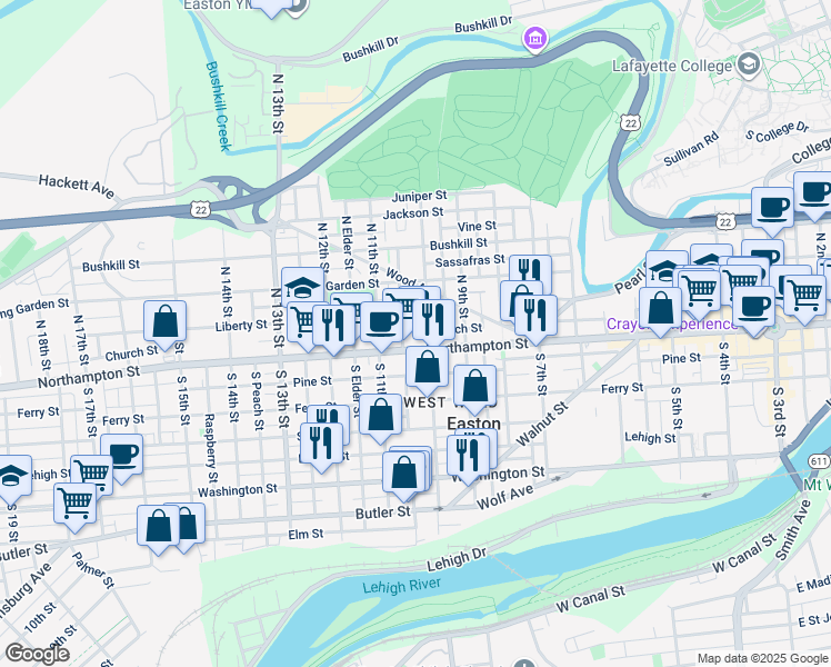 map of restaurants, bars, coffee shops, grocery stores, and more near 1010 Church Street in Easton