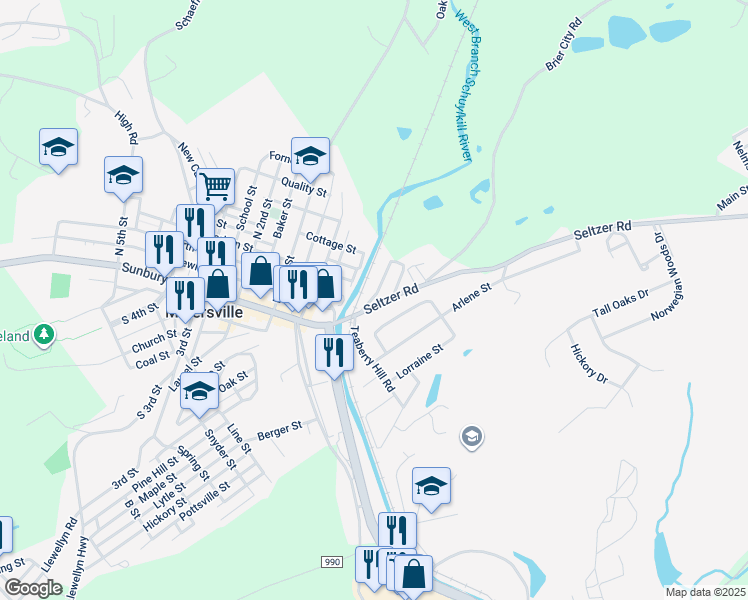 map of restaurants, bars, coffee shops, grocery stores, and more near 300 Penn Street in Minersville
