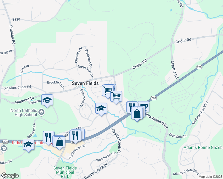 map of restaurants, bars, coffee shops, grocery stores, and more near 260 Jameson Way in Seven Fields