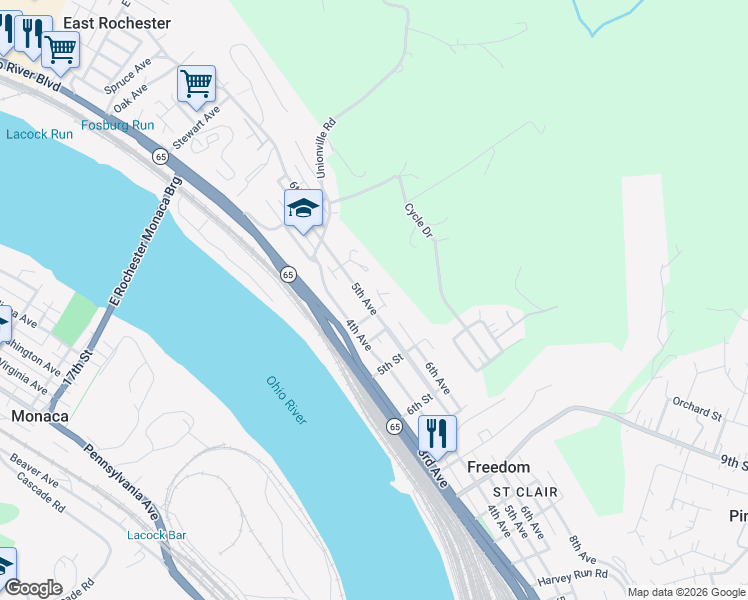 map of restaurants, bars, coffee shops, grocery stores, and more near 455 3rd Street in Freedom