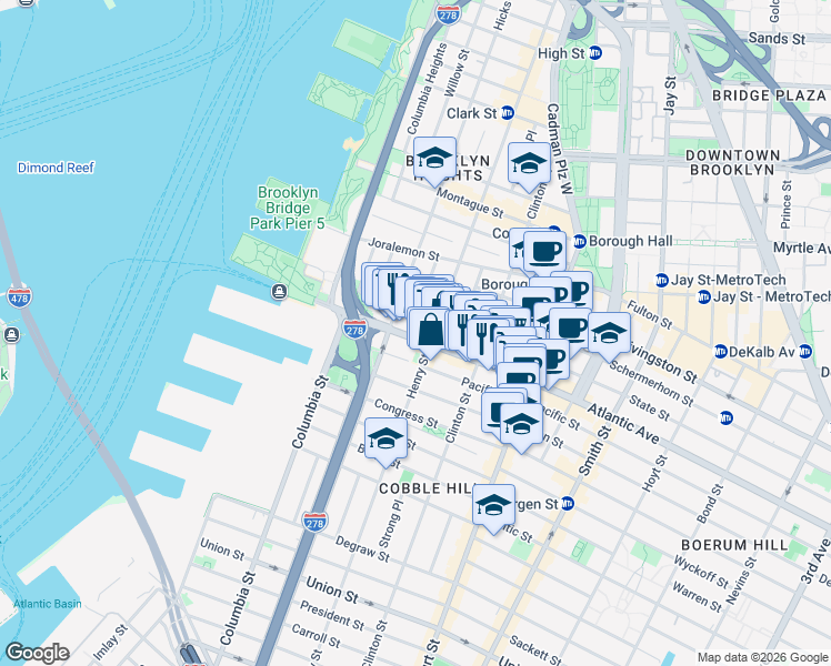 map of restaurants, bars, coffee shops, grocery stores, and more near 131 Atlantic Avenue in Brooklyn