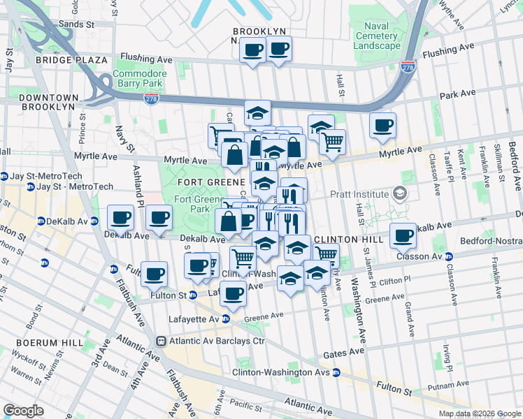 map of restaurants, bars, coffee shops, grocery stores, and more near Adelphi Street in Brooklyn