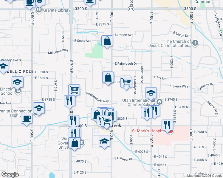 map of restaurants, bars, coffee shops, grocery stores, and more near 3739 South 900 East in Millcreek