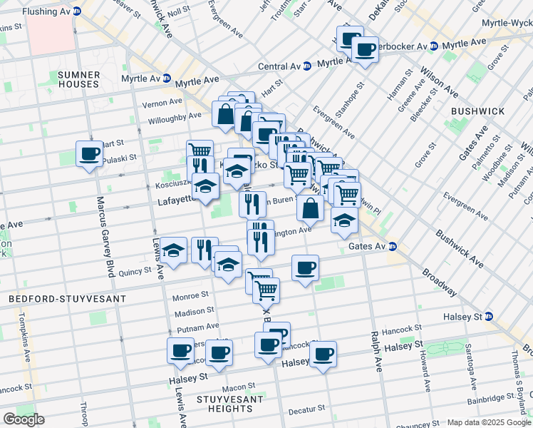 map of restaurants, bars, coffee shops, grocery stores, and more near 91A Malcolm X Boulevard in Brooklyn