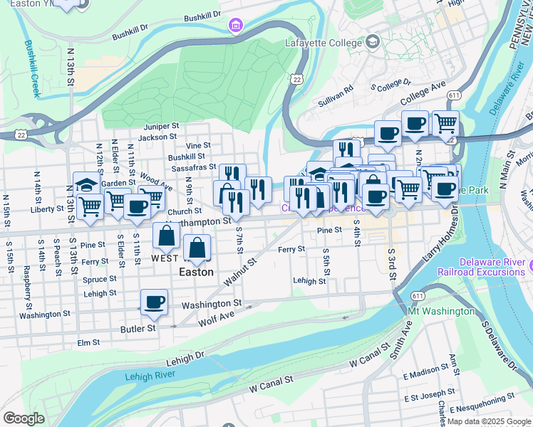 map of restaurants, bars, coffee shops, grocery stores, and more near 657 Northampton Street in Easton