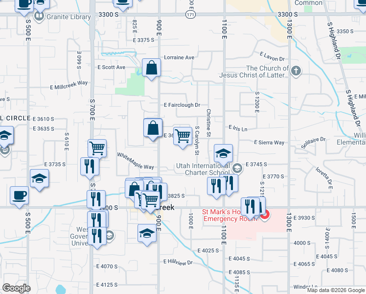 map of restaurants, bars, coffee shops, grocery stores, and more near 3739 900 East in Millcreek