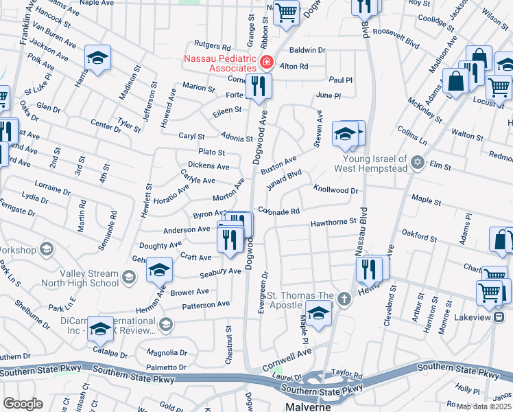 map of restaurants, bars, coffee shops, grocery stores, and more near 620 Dogwood Avenue in Franklin Square