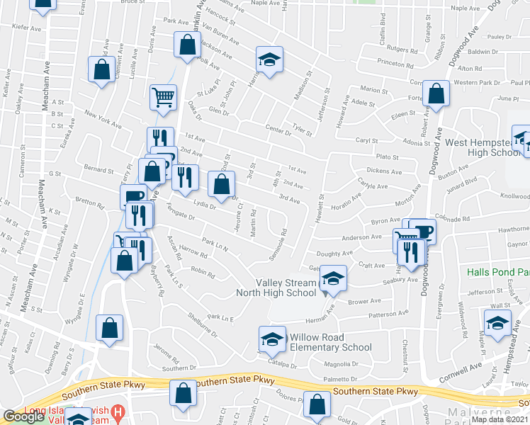 map of restaurants, bars, coffee shops, grocery stores, and more near 585 Bernice Road in Franklin Square