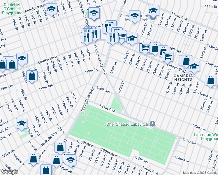 map of restaurants, bars, coffee shops, grocery stores, and more near 120-07 218th Street in Queens