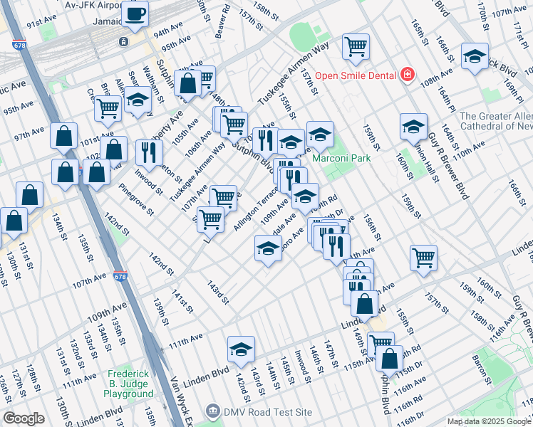 map of restaurants, bars, coffee shops, grocery stores, and more near 109-01 Liverpool Street in Queens