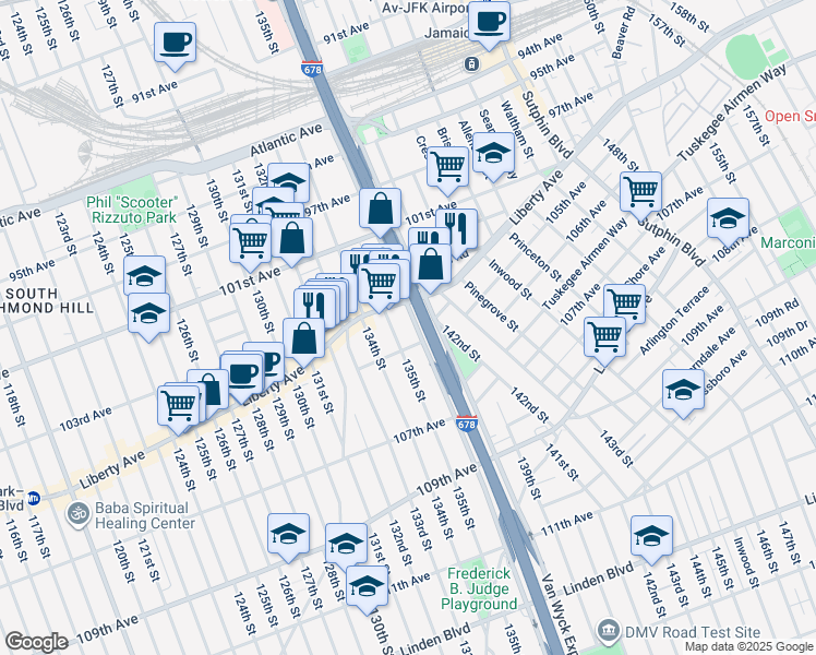 map of restaurants, bars, coffee shops, grocery stores, and more near 105-02 Van Wyck Expressway in Queens