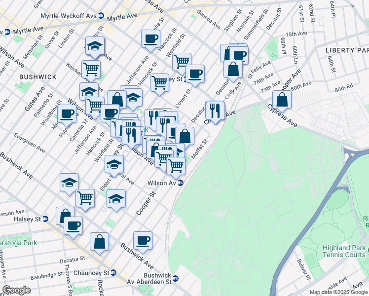 map of restaurants, bars, coffee shops, grocery stores, and more near 235A Cooper Street in Brooklyn