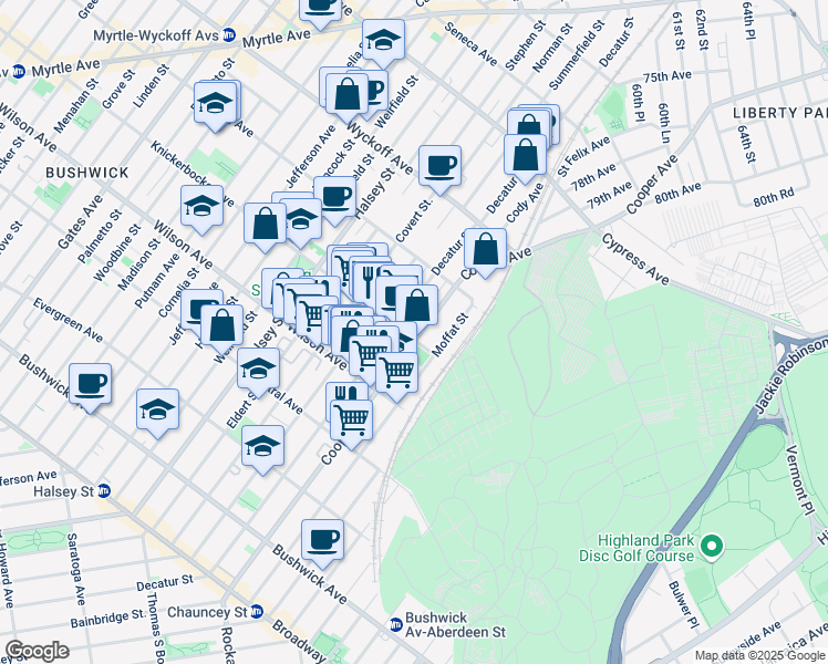 map of restaurants, bars, coffee shops, grocery stores, and more near 235A Cooper Street in Brooklyn