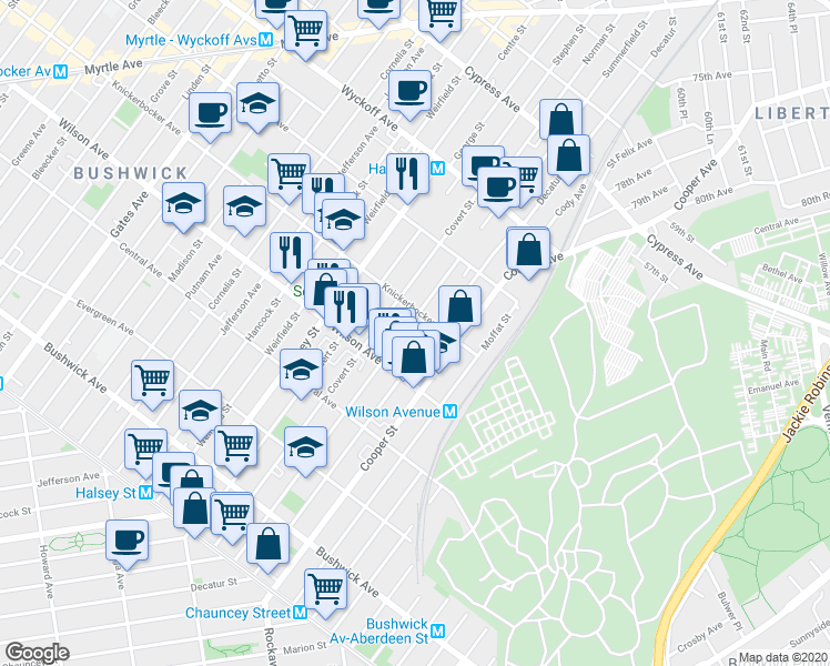 map of restaurants, bars, coffee shops, grocery stores, and more near 220 Schaefer Street in Brooklyn